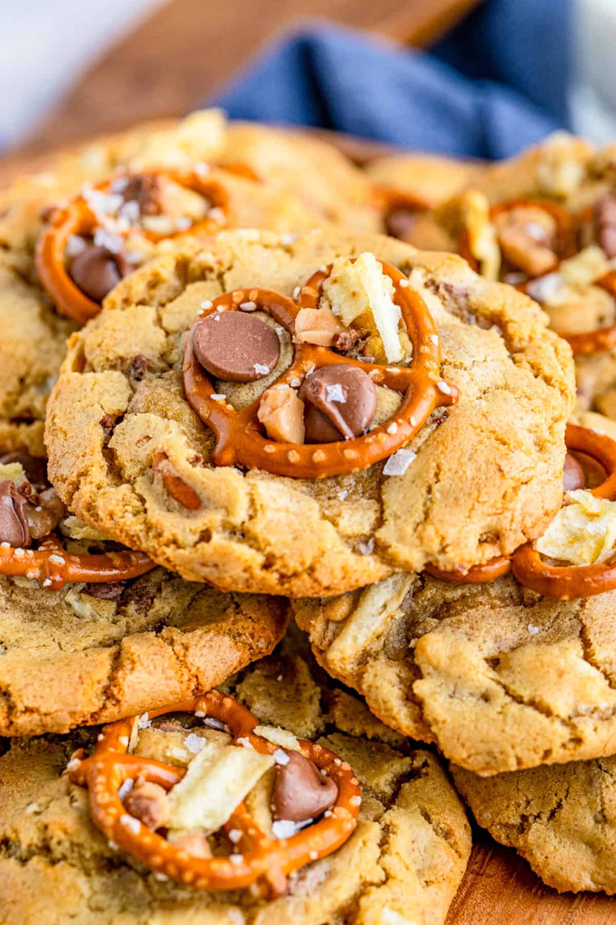 Kitchen Sink Cookies stacked on top of one another.