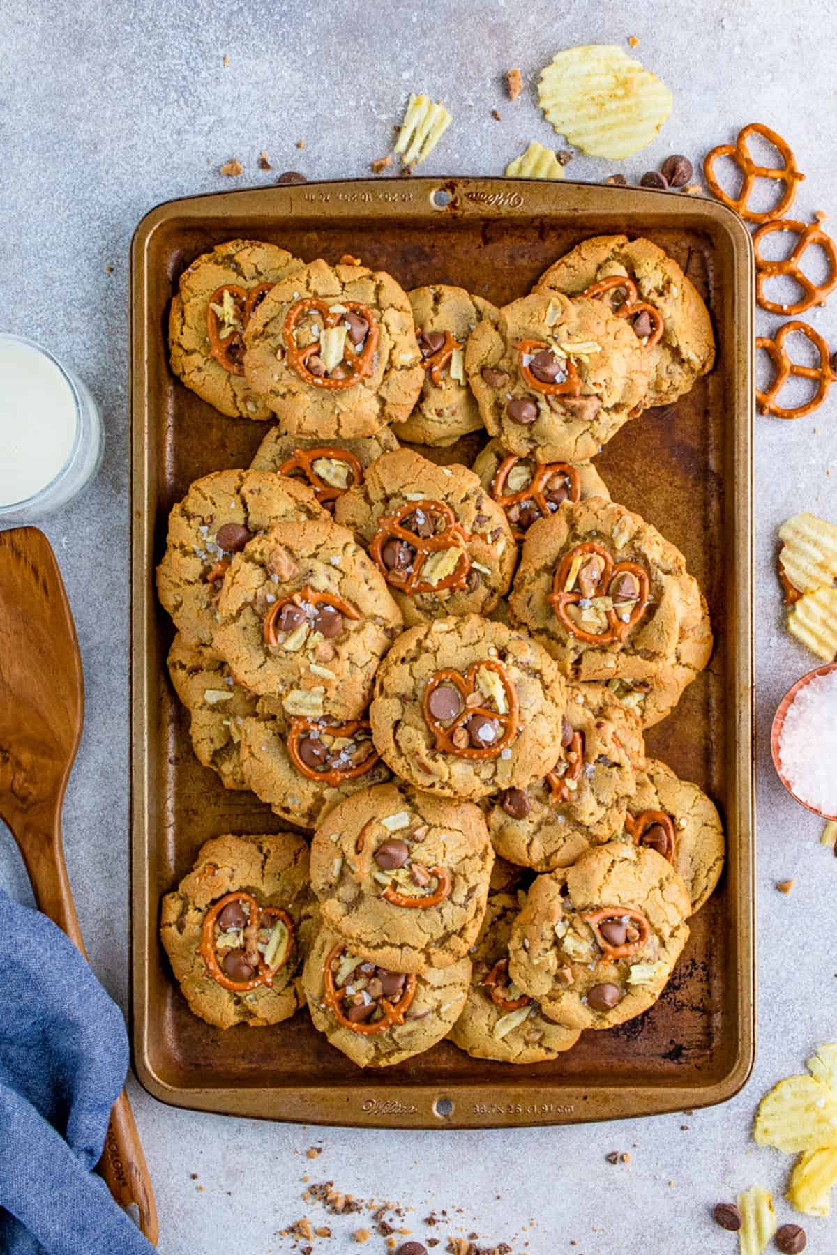 Overhead of finished Kitchen Sink Cookies on baking sheet.