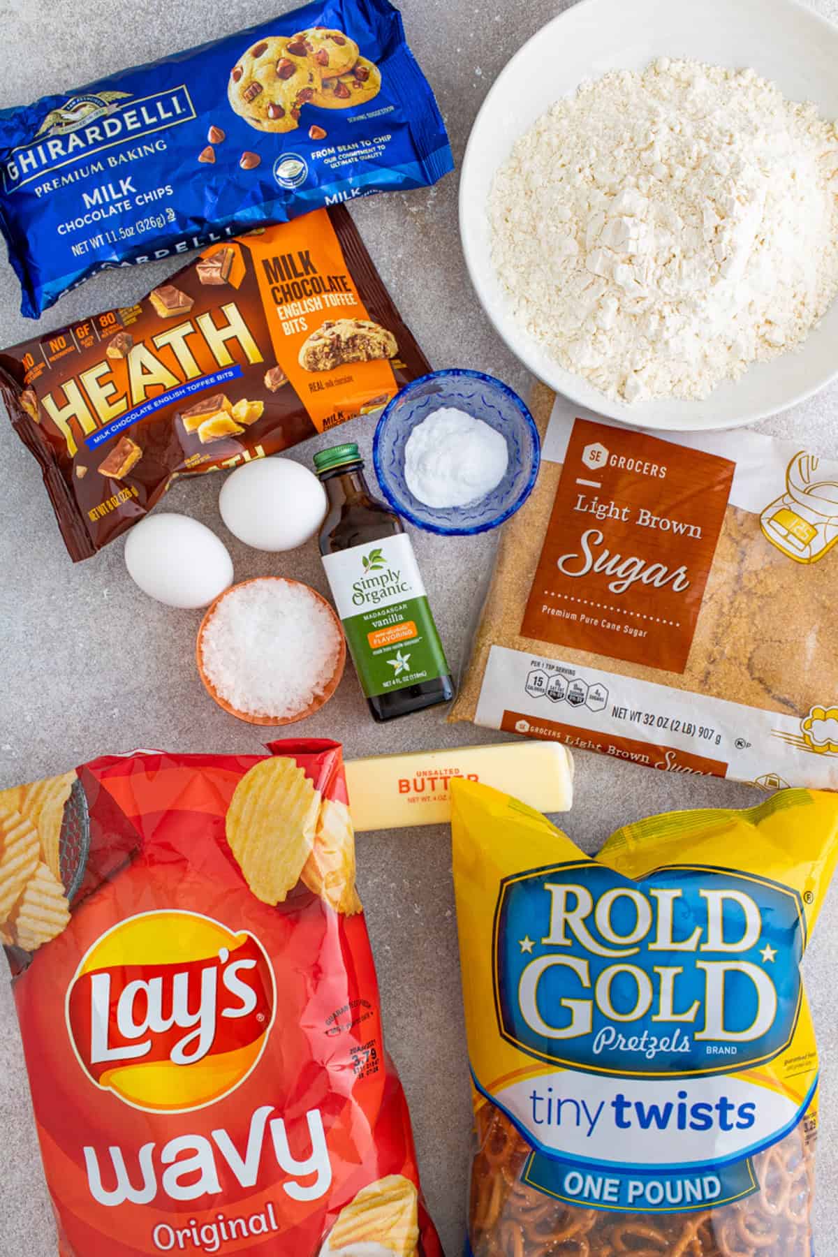 Ingredients needed to make Kitchen Sink Cookies.