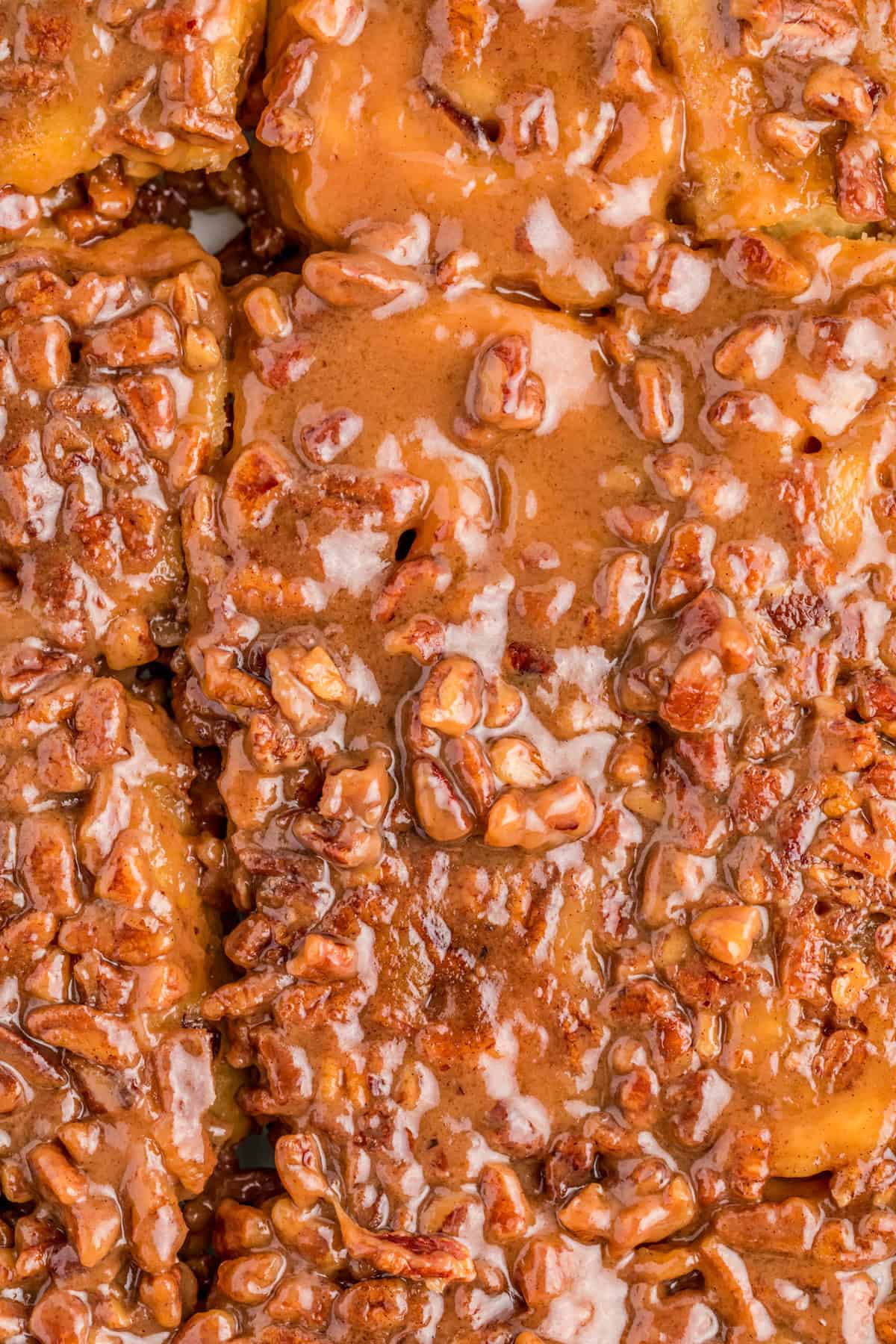 Finished flipped out of pan showing the sticky pecan topping.