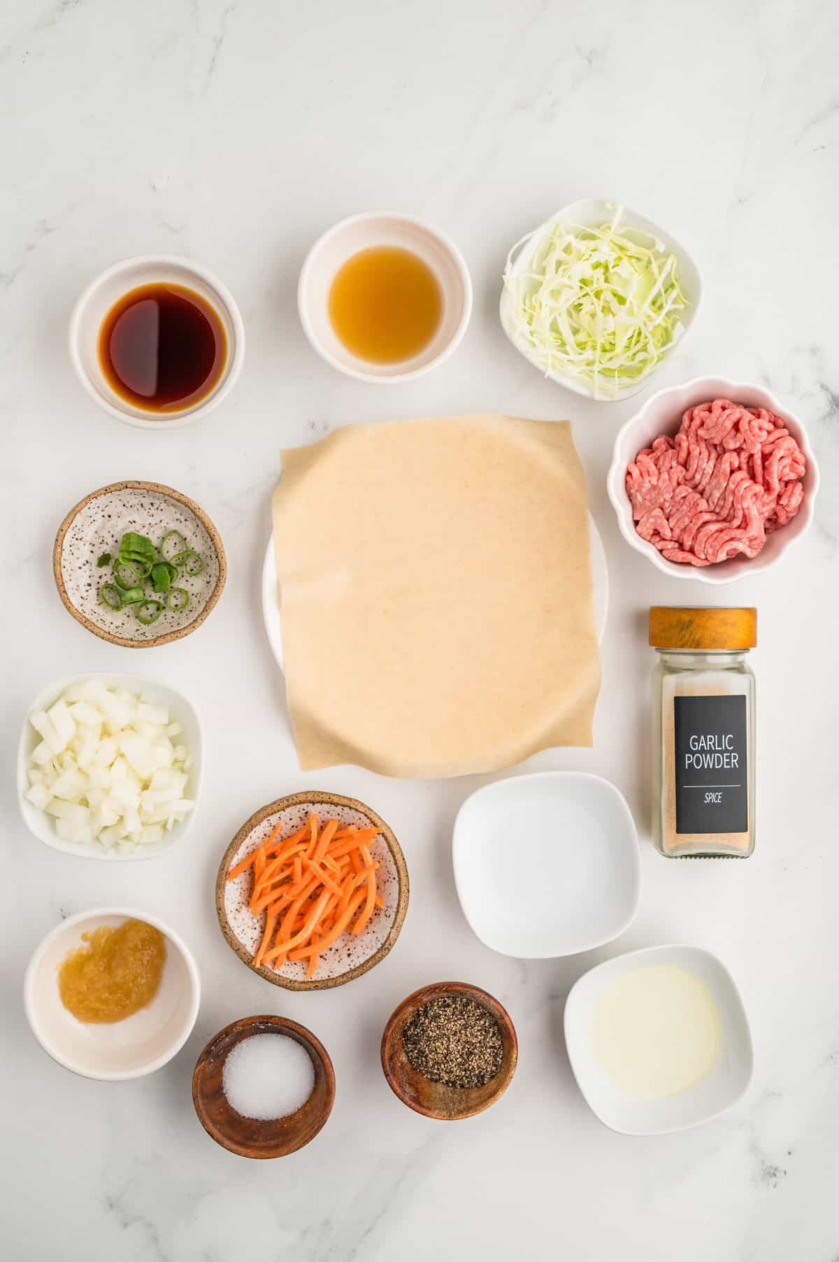 Ingredients needed to make Pork Egg Rolls.