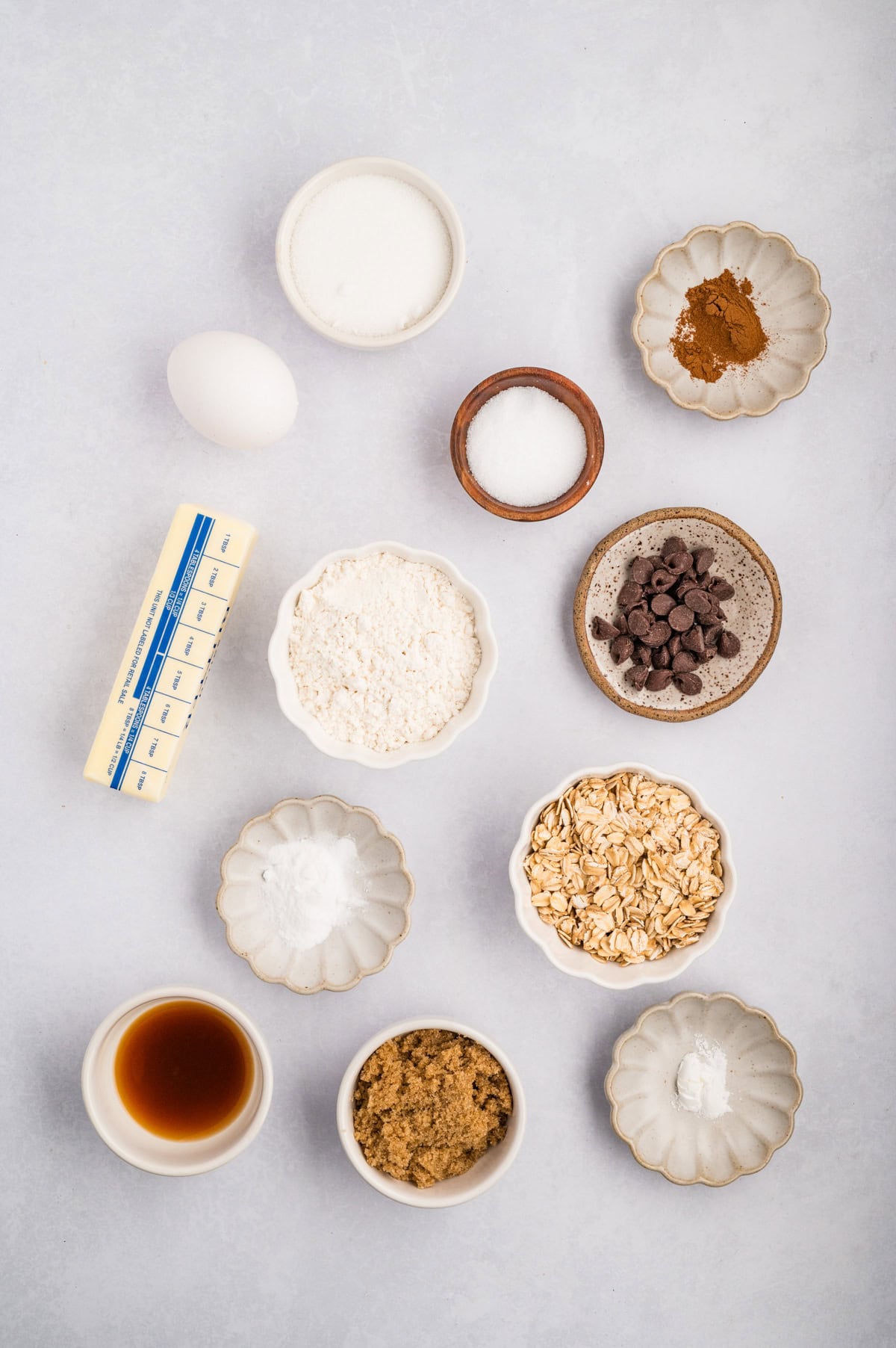 Ingredients needed to make Chocolate Chip Oatmeal Bars.