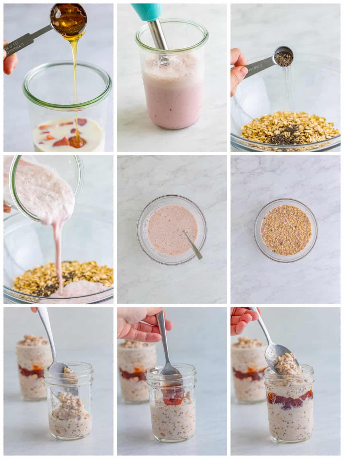 Step by step photos on how to make Strawberry Overnight Oats.