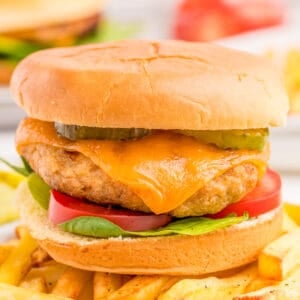 Close up square image of finished burger stacked on a plate of fries.
