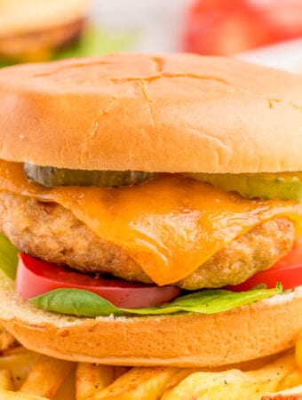 Close up square image of finished burger stacked on a plate of fries.
