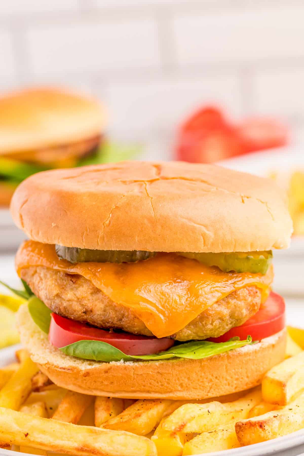 Finished Chicken Burger with toppings on top of a plate of fries.