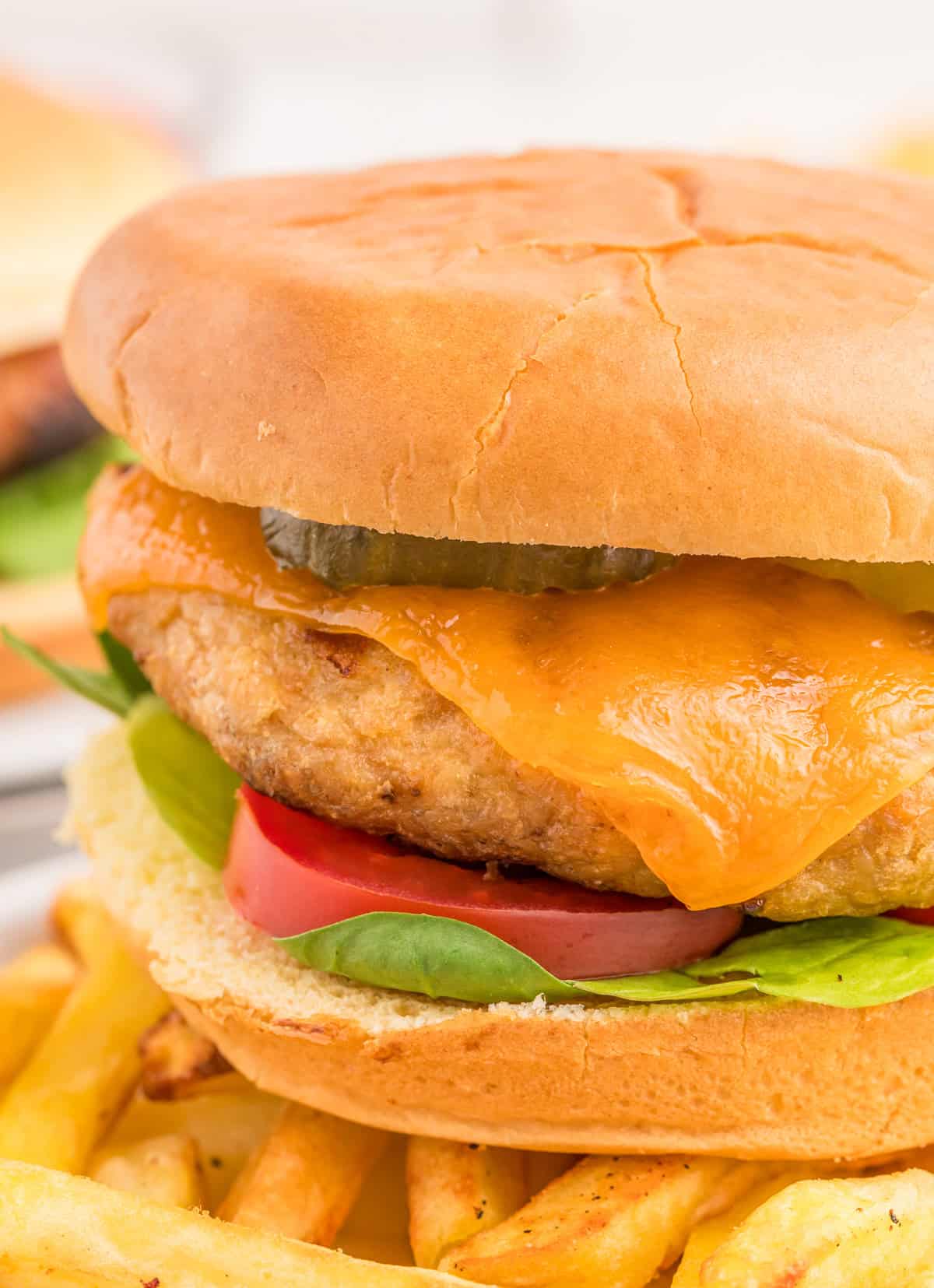 Close up side view of burger on plate of fries showing the layers of toppings and meat.