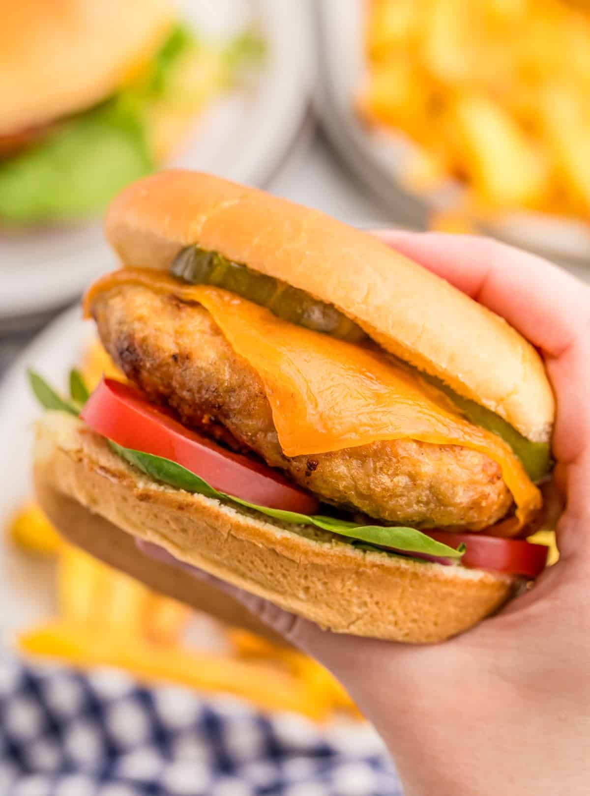 Hand holding up the finished Chicken Burger showing the layers of toppings and burger/cheese.
