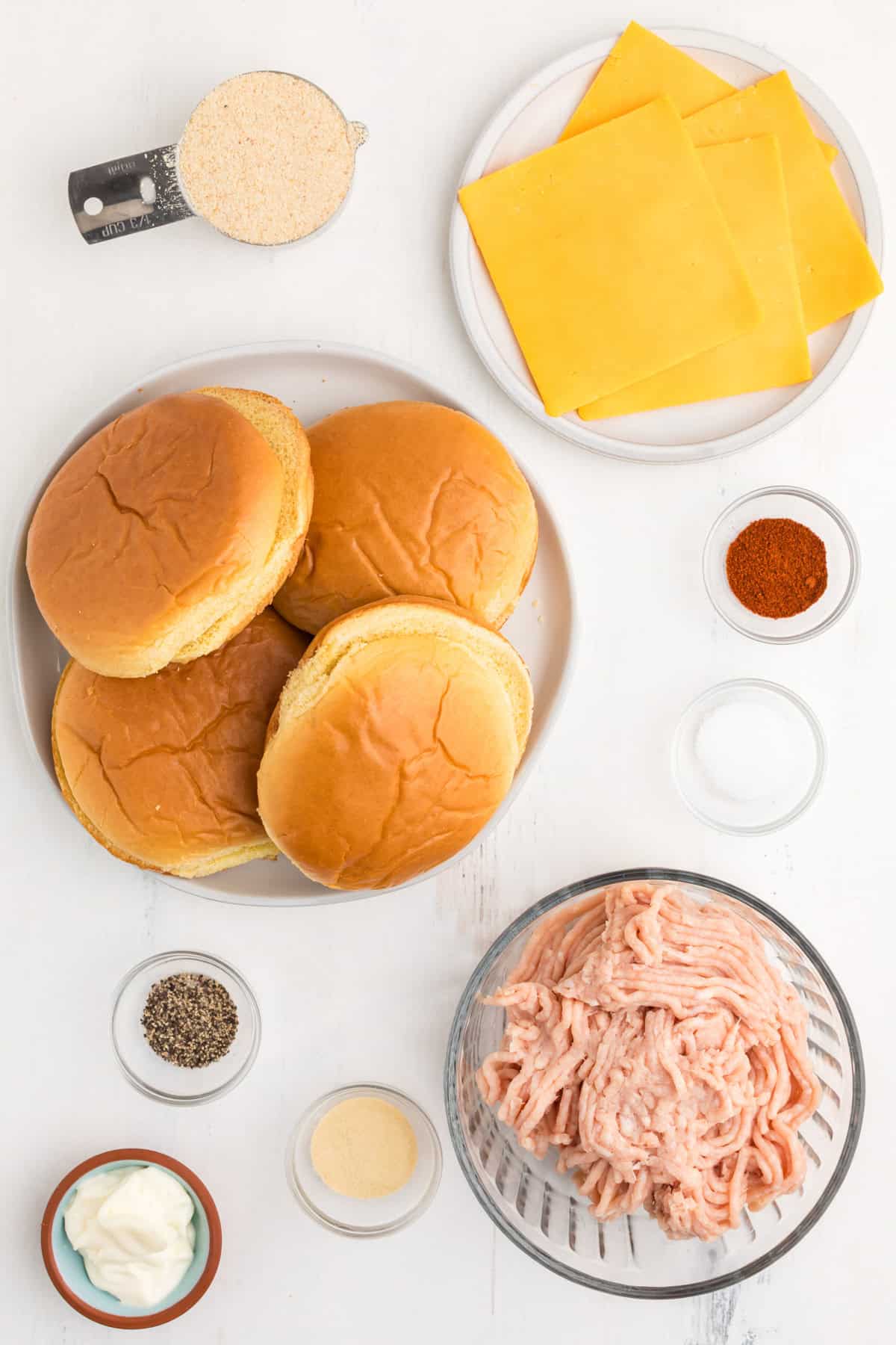 Ingredients needed to make Chicken Burgers.