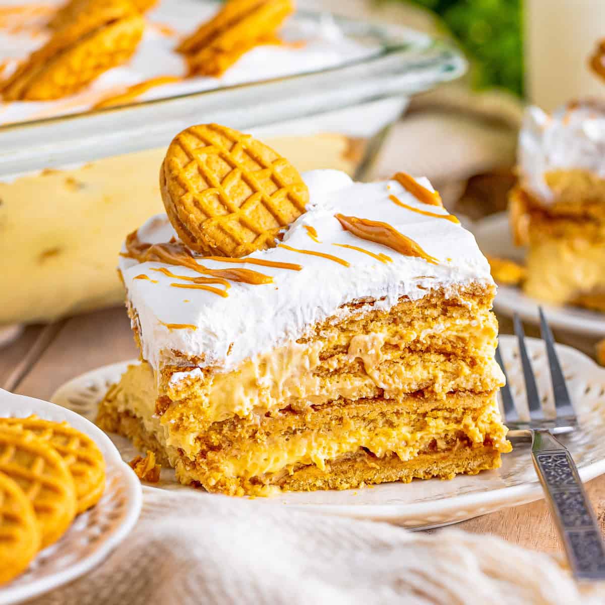 Close up square image on plate topped with a nutter butter.