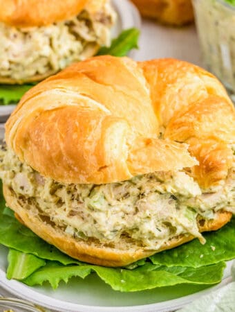 Close up square image of salad on a croissant with romaine lettuce.