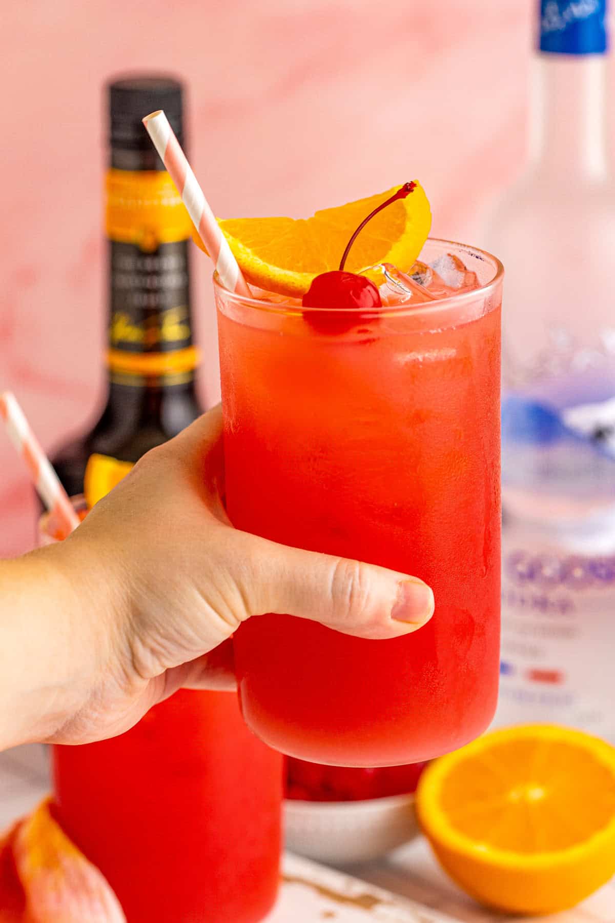 Hand holding up one of the finished cocktails.