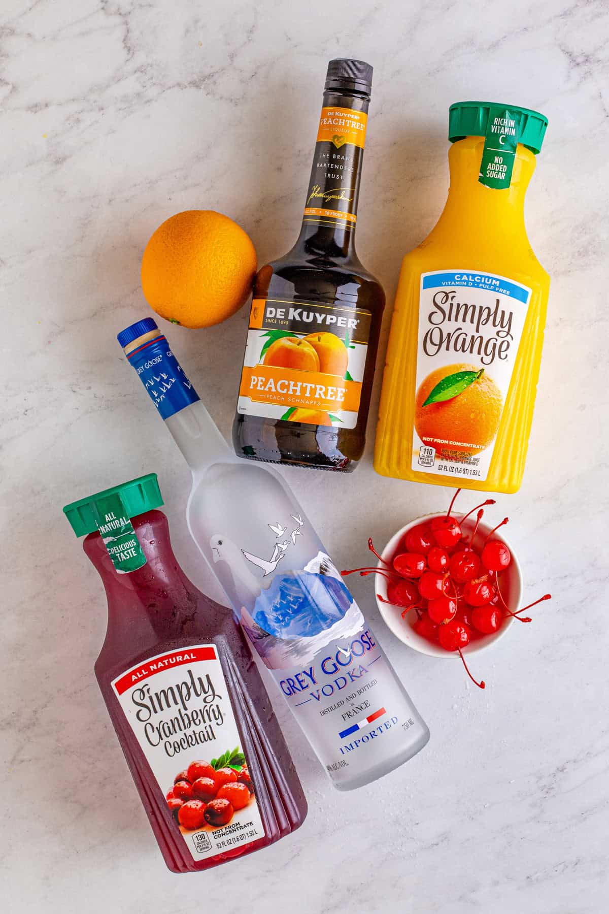 Ingredients needed to make a Sex on the Beach Cocktail Recipe.