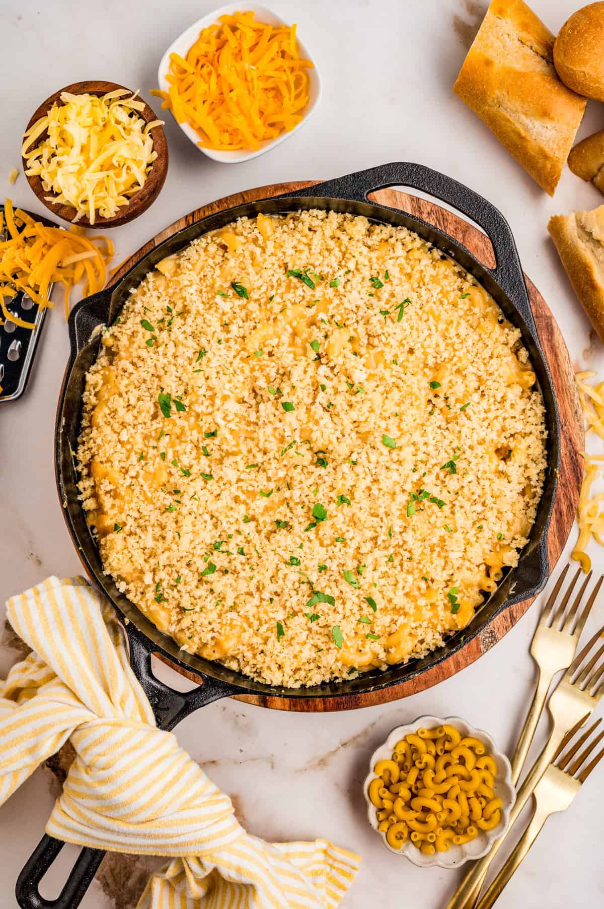 Overhead photo of finished Smoked Mac and Cheese in cast iron skillet.