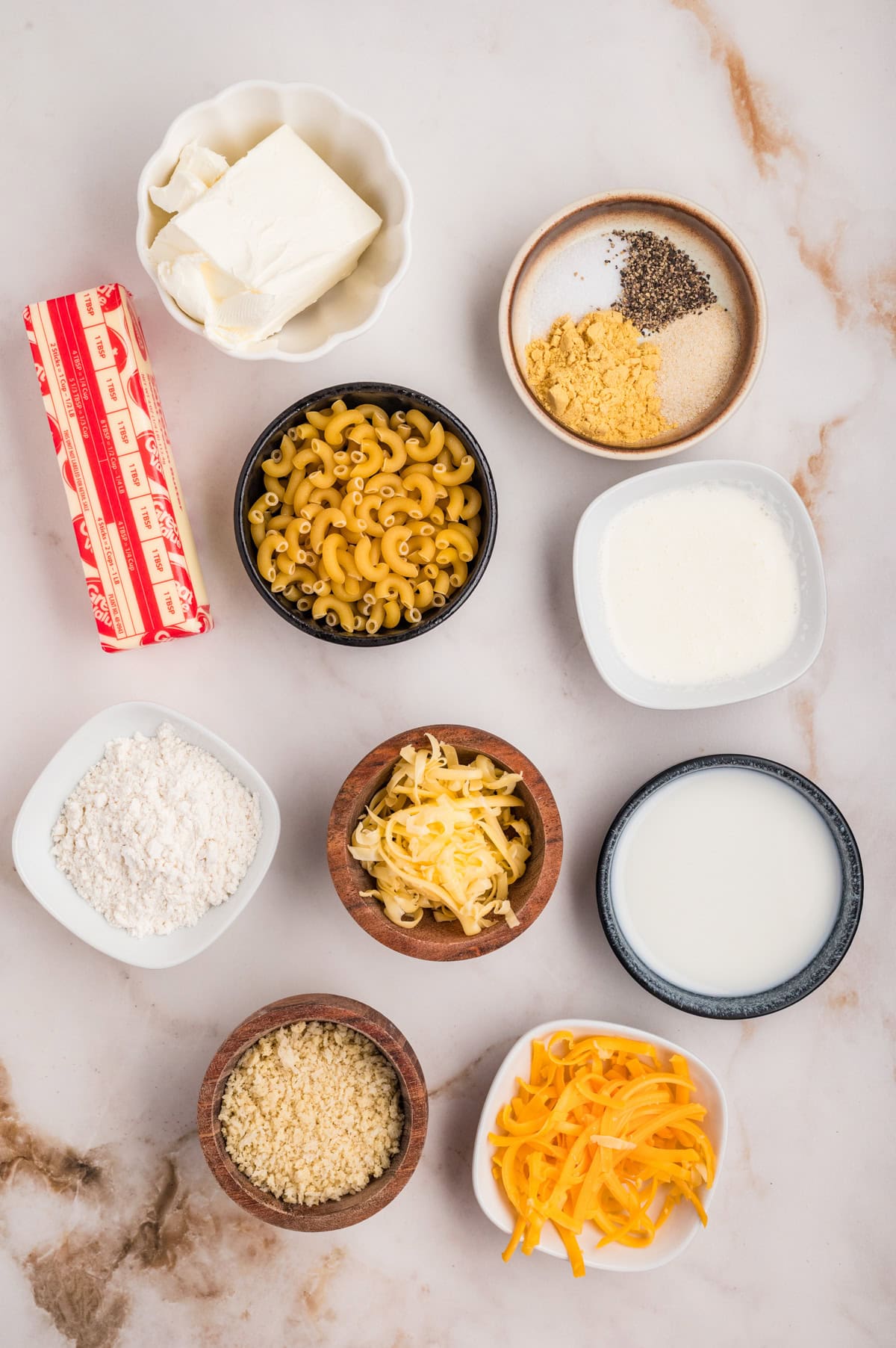 Ingredients needed to make Smoked Mac and Cheese.