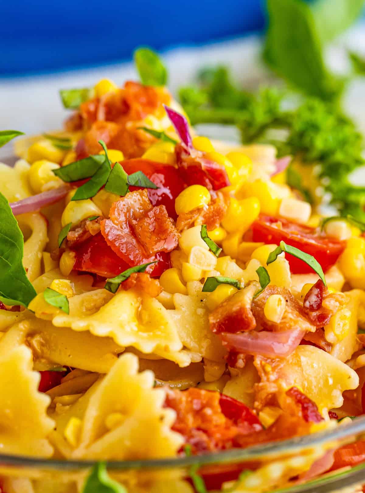Close up of pasta salad in bowl showing all the ingredients and topped with basil.