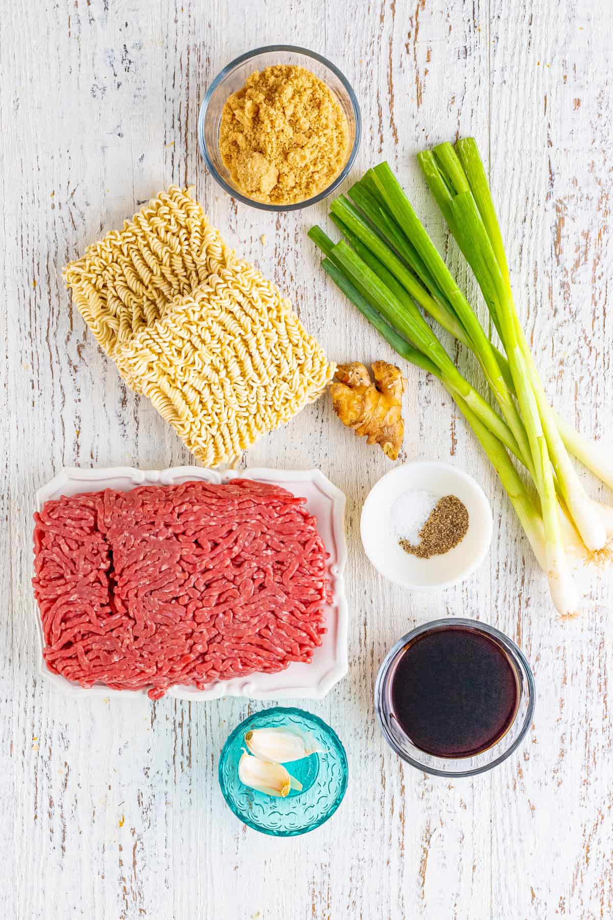 Ingredients needed to make Korean Beef Ramen.
