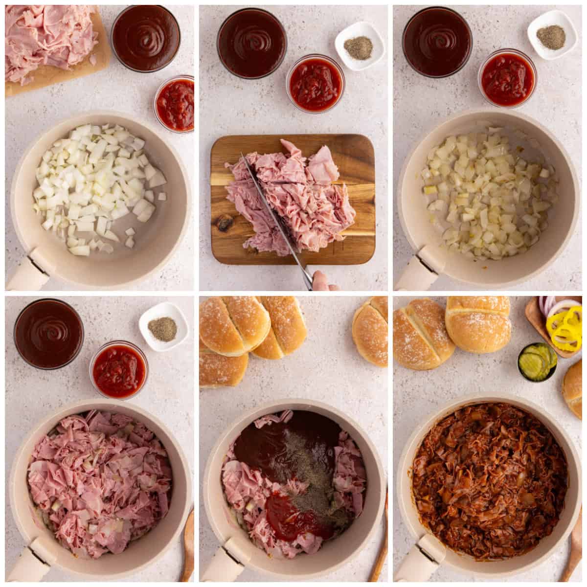 Step by step photos on how to make a BBQ Chipped Ham Sandwich.