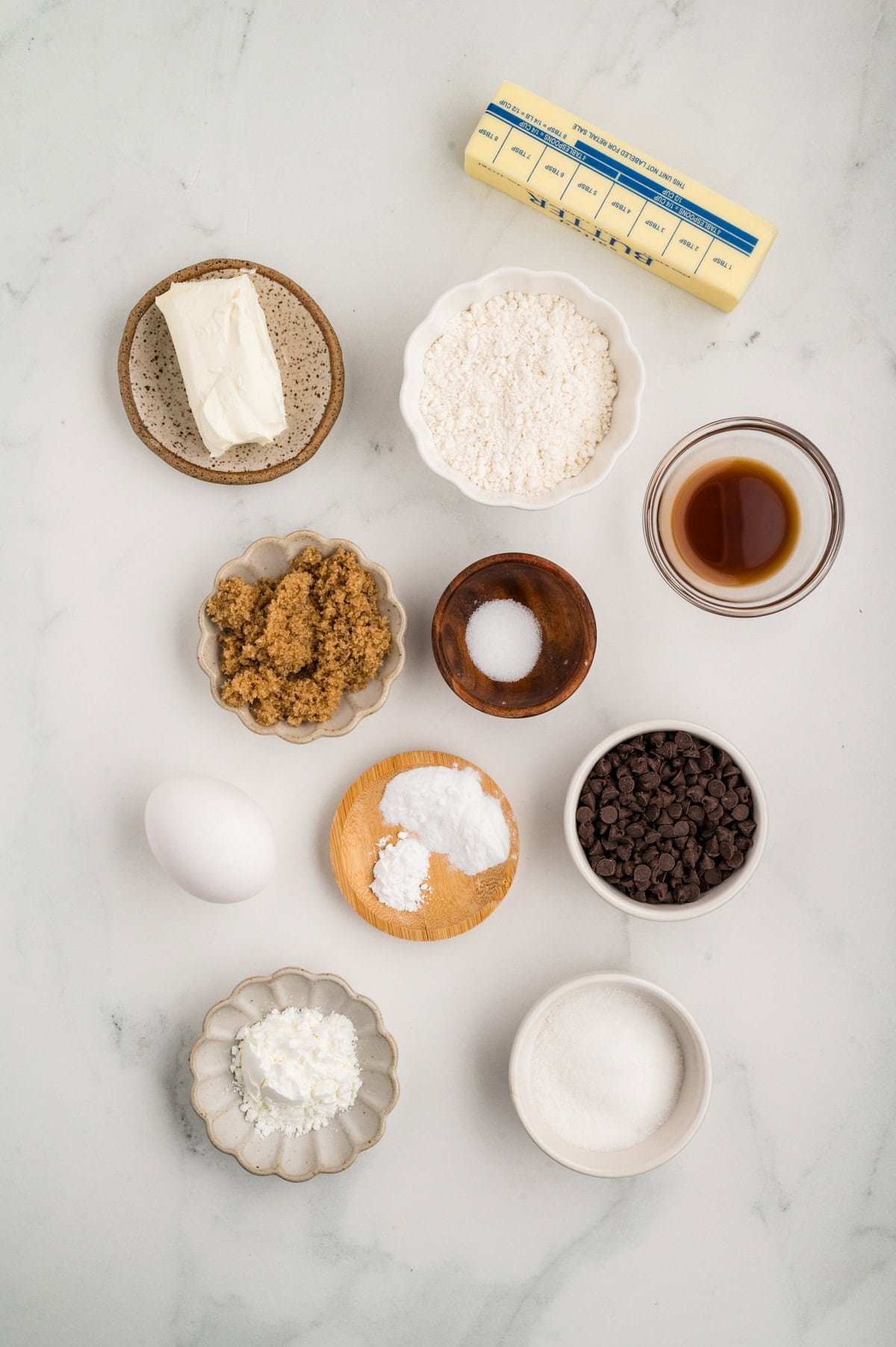 Ingredients needed to make Cream Cheese Chocolate Chip Cookies.