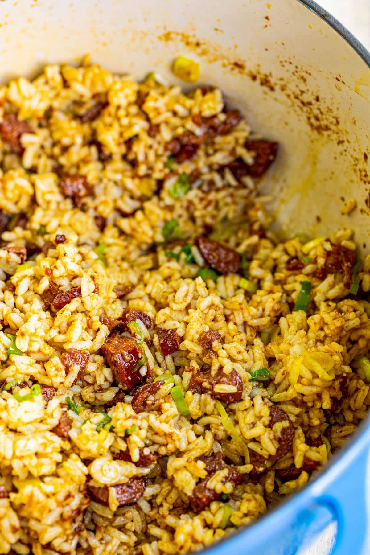 Finished Dirty Rice with Sausage in pan.