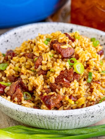 Close up of bowl of rice, showing the sausage and green onions.