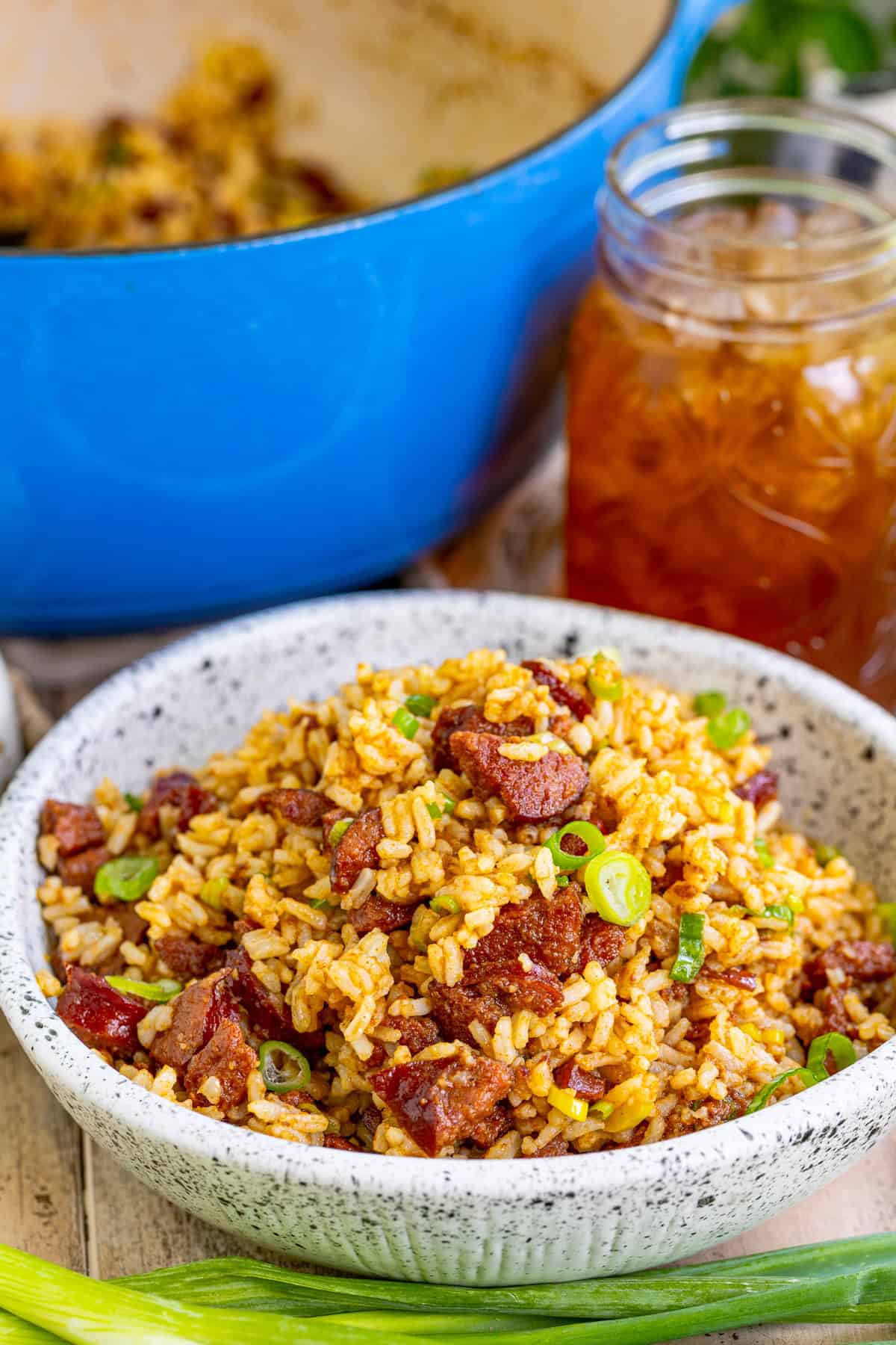 Dirty Rice with Sausage in bowl showing the sausage and green onions.