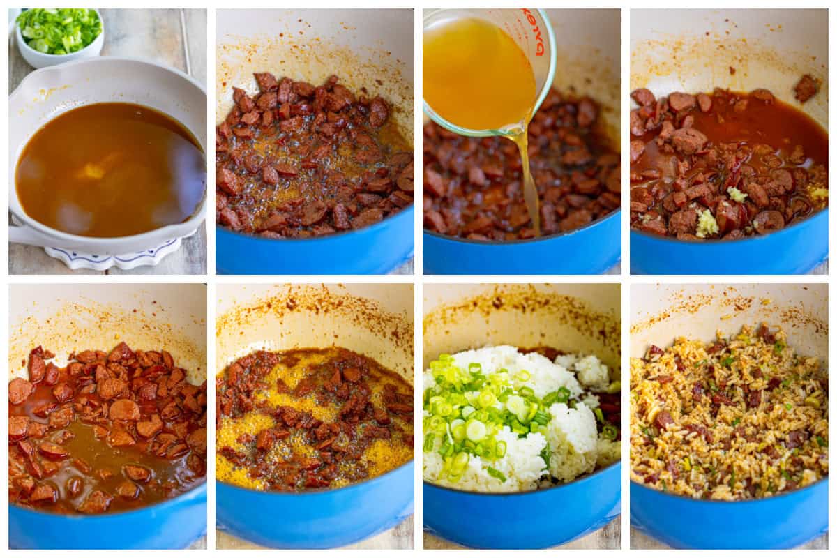 Step by step photos on how to make Dirty Rice with Sausage.