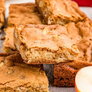 Close up square image of stacked blondies.