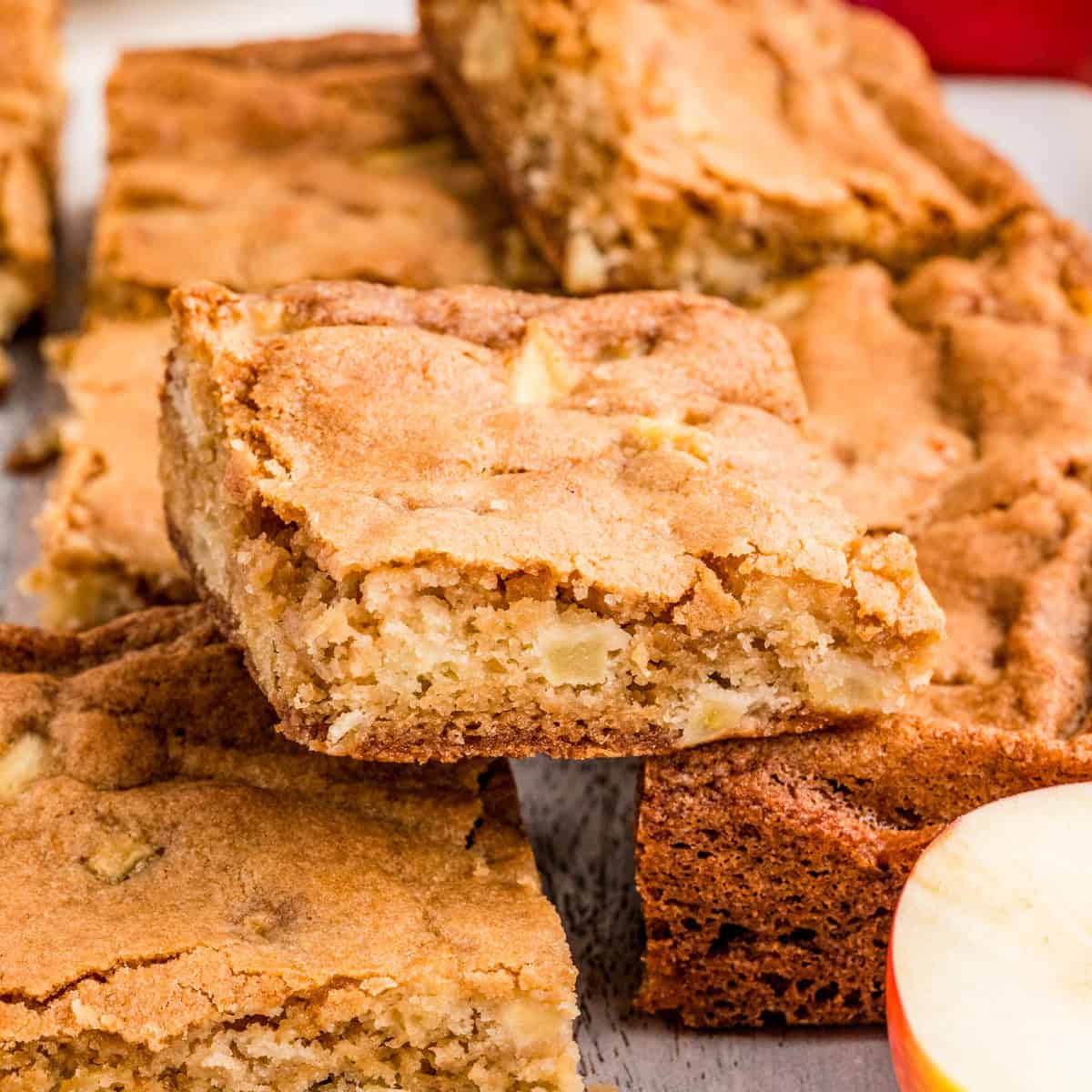 Close up square image of stacked blondies.
