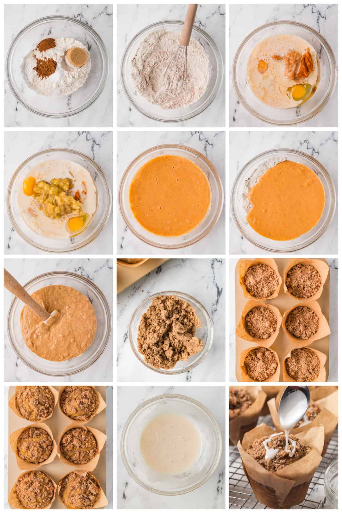 Step by step photos on how to make Bakery Style Jumbo Pumpkin Banana Muffins.