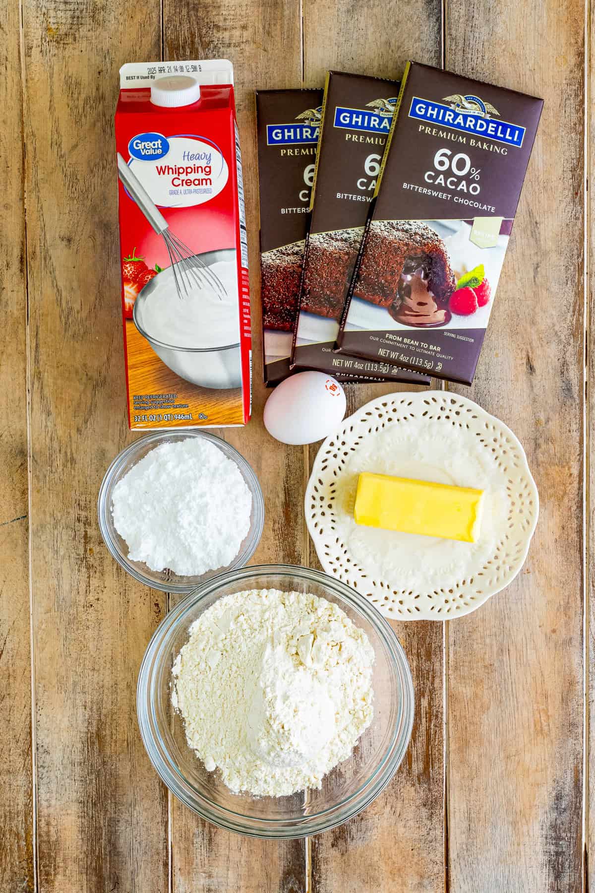 Ingredients needed to make a Chocolate Ganache Tart.