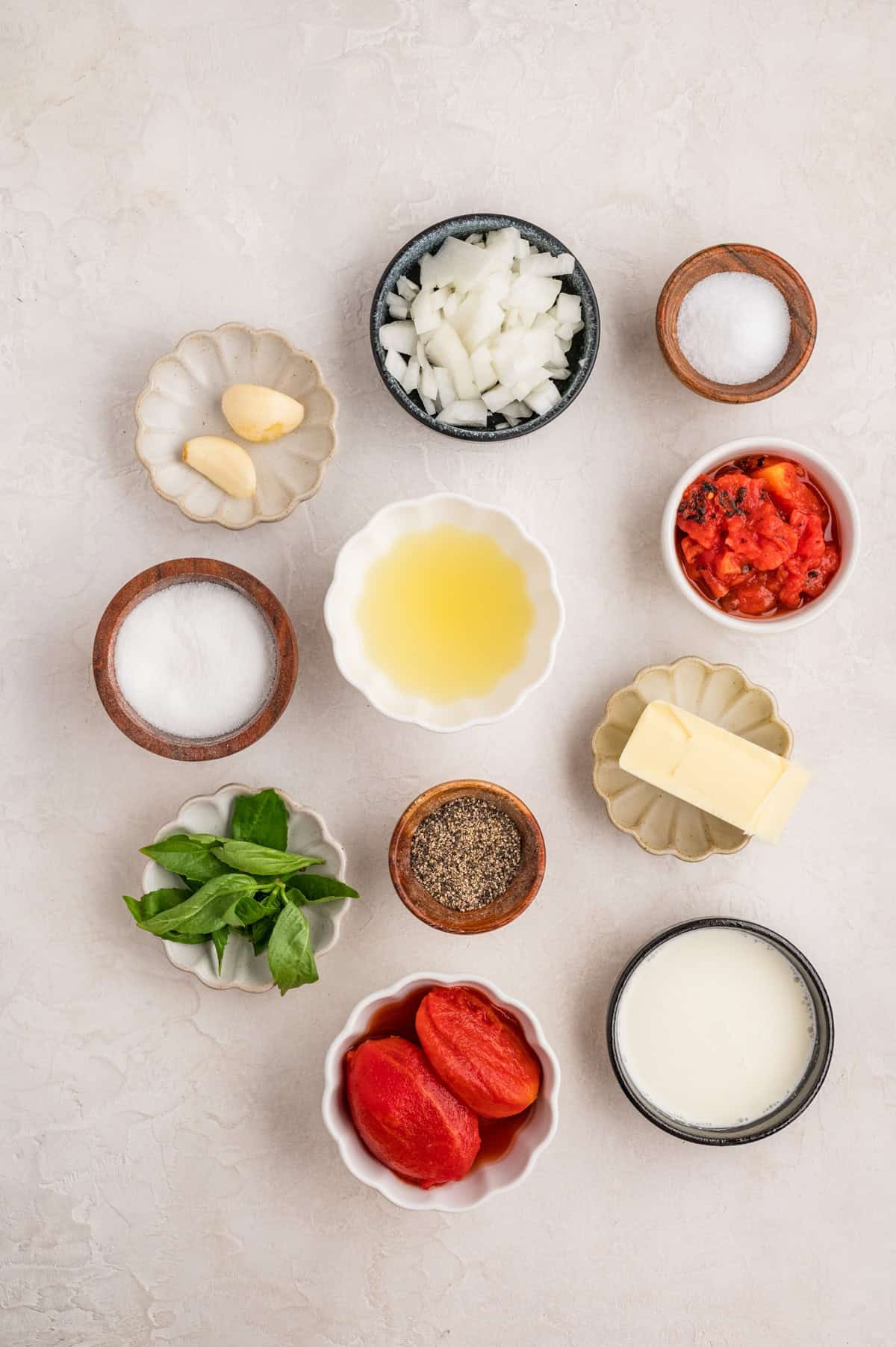 Ingredients needed to make Creamy Tomato Soup.