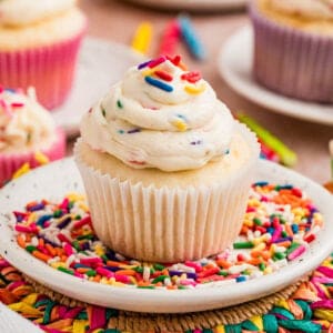 Close up square image of frosting on a cupcake on a white plate filled with rainbow sprinkles.