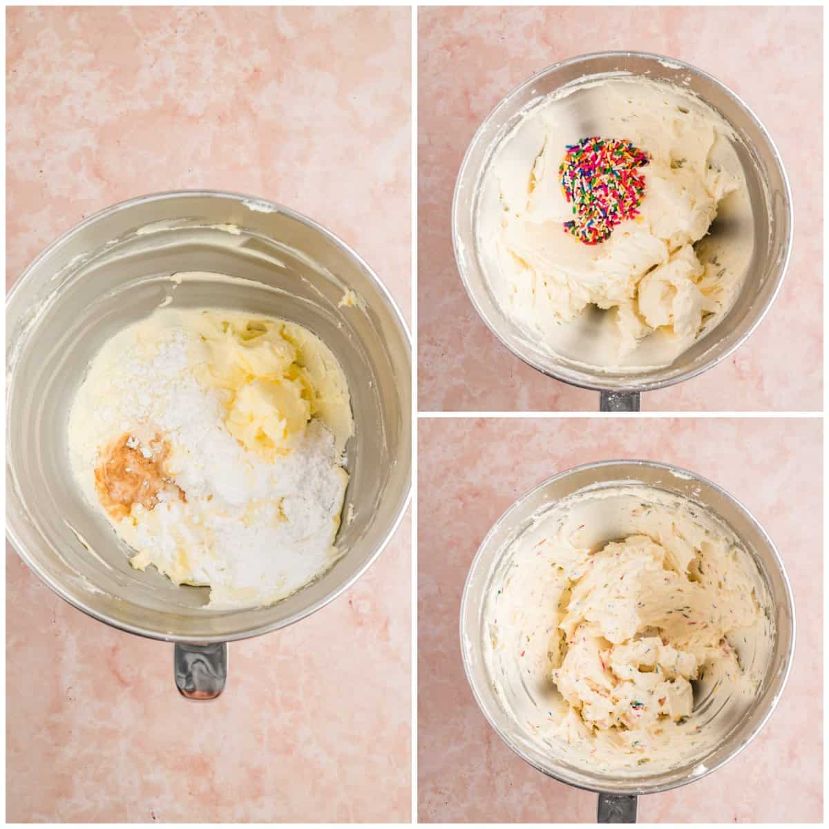 Step by step photos on how to make Funfetti Frosting.
