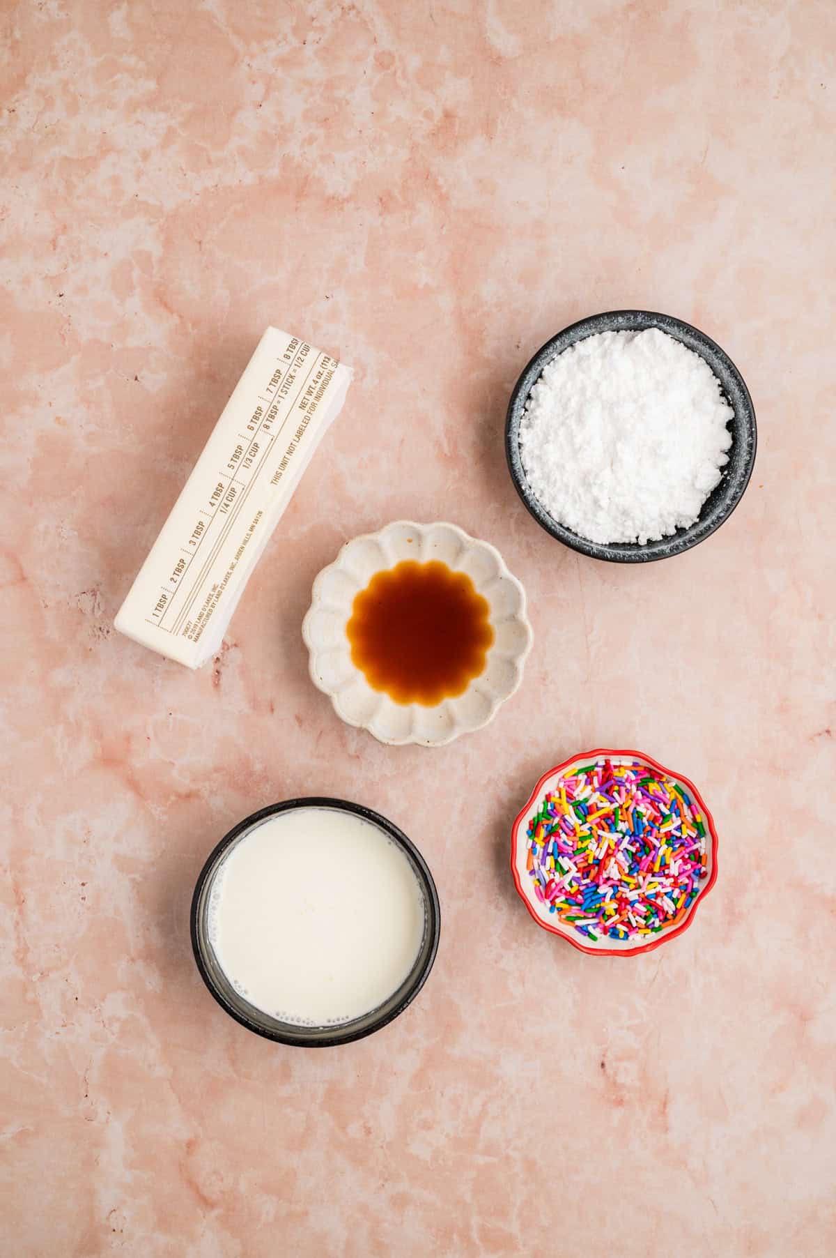 Ingredients needed to make Funfetti Frosting.