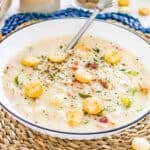 Close up of bowl with chowder in it topped with oyster crackers.