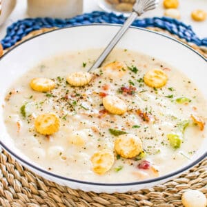 Close up of bowl with chowder in it topped with oyster crackers.