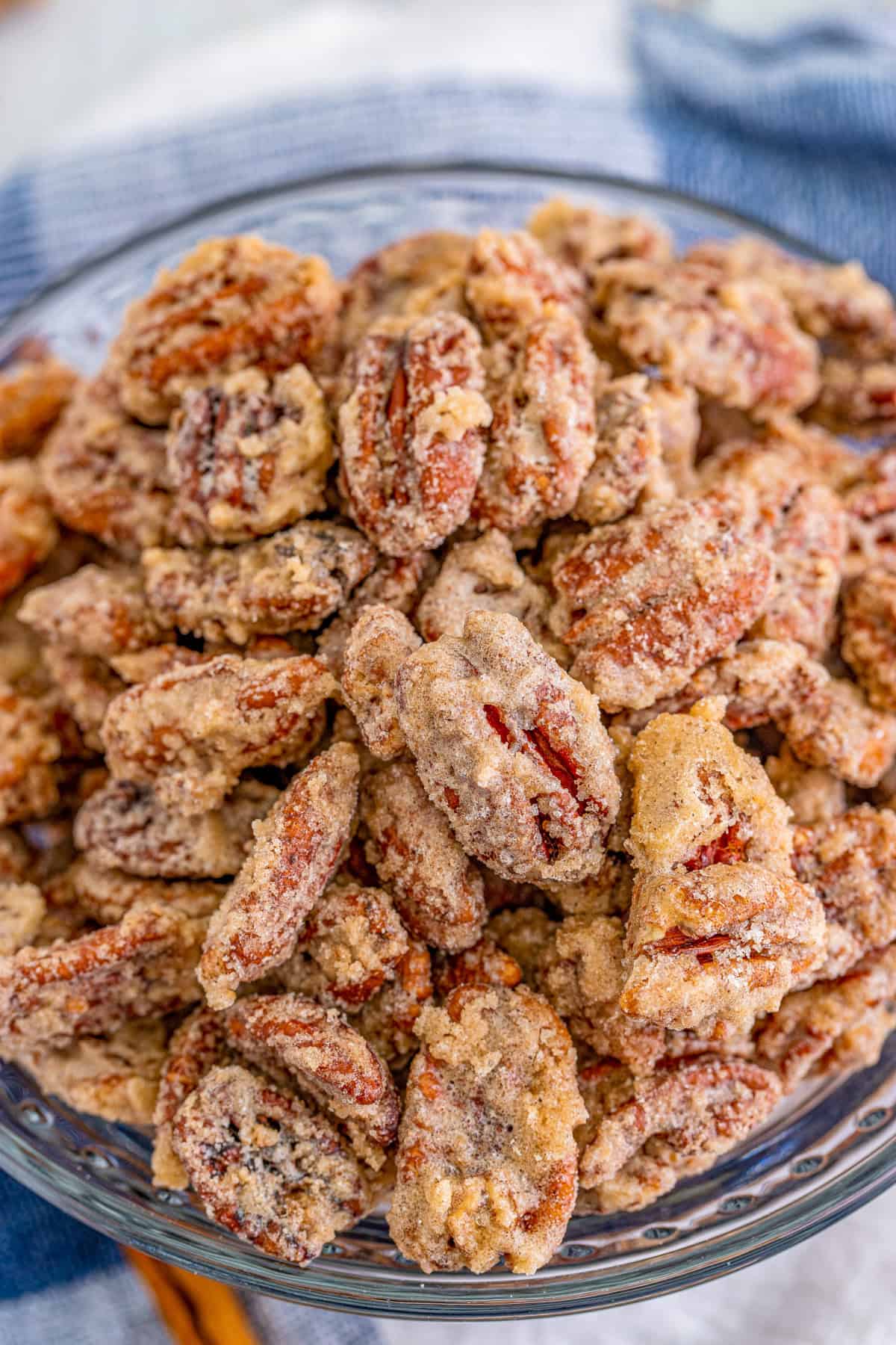 Close up overhead of finished Candied Pecan Recipe in bowl.