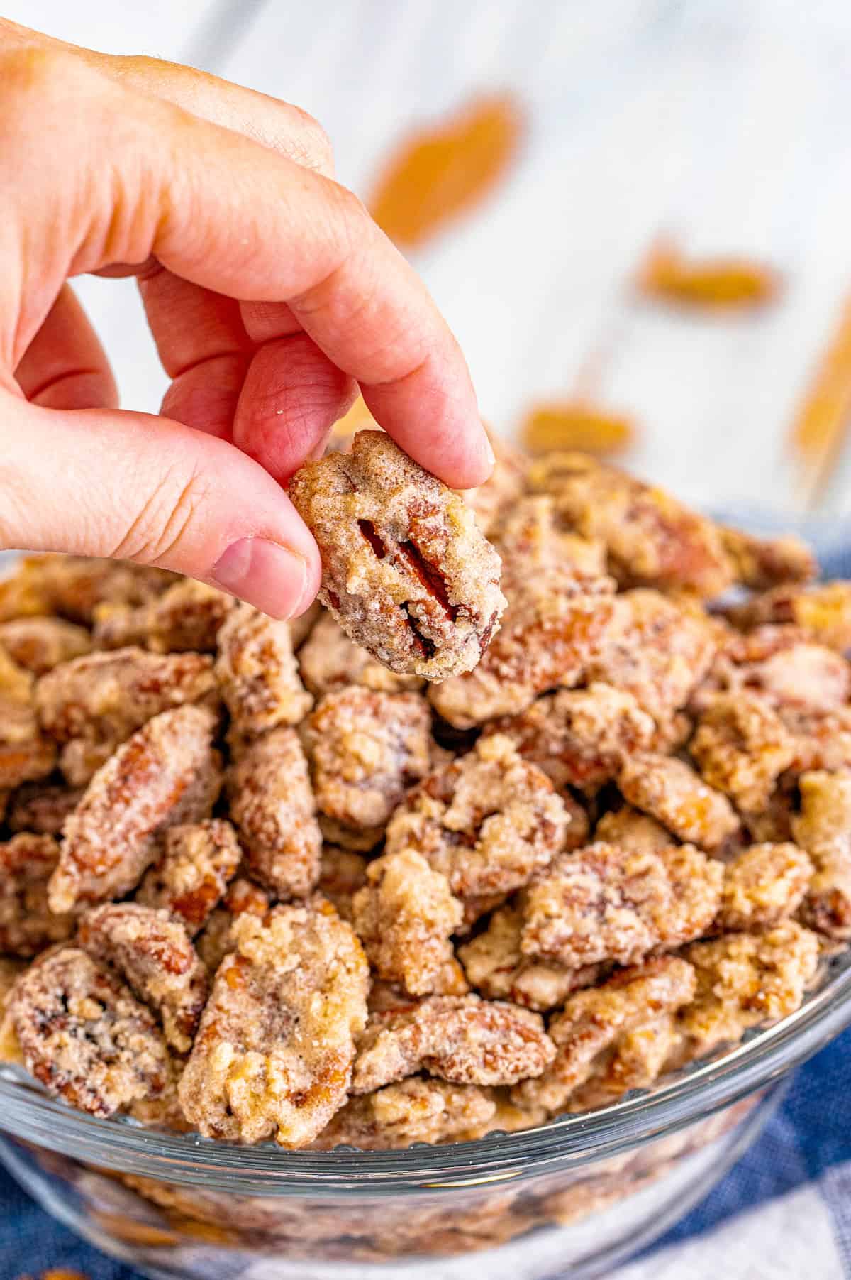 Hand holding up one of the pecans from the bowl.