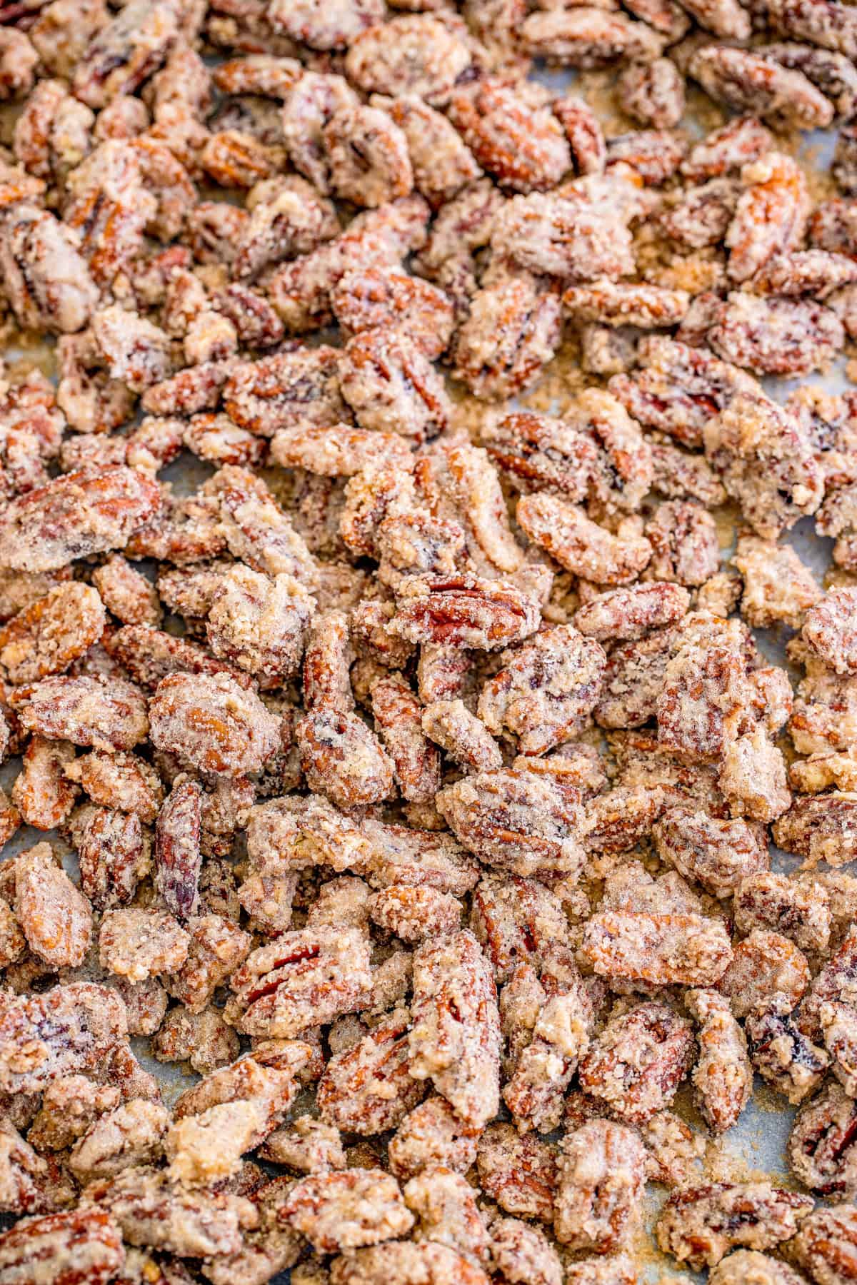 Finished Candied Pecan Recipe overhead on sheet pan.