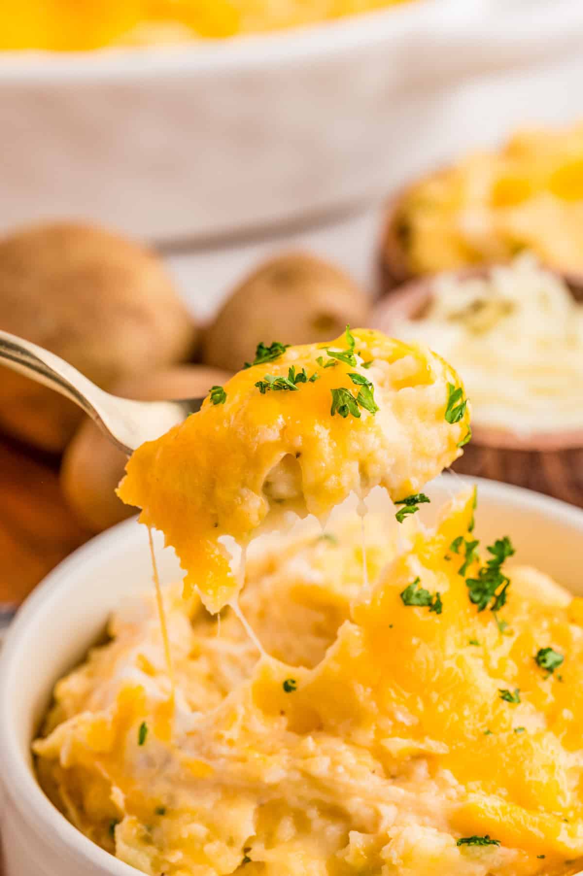 Spoon holding some of the potatoes up from the bowl with cheese and parsley on it.