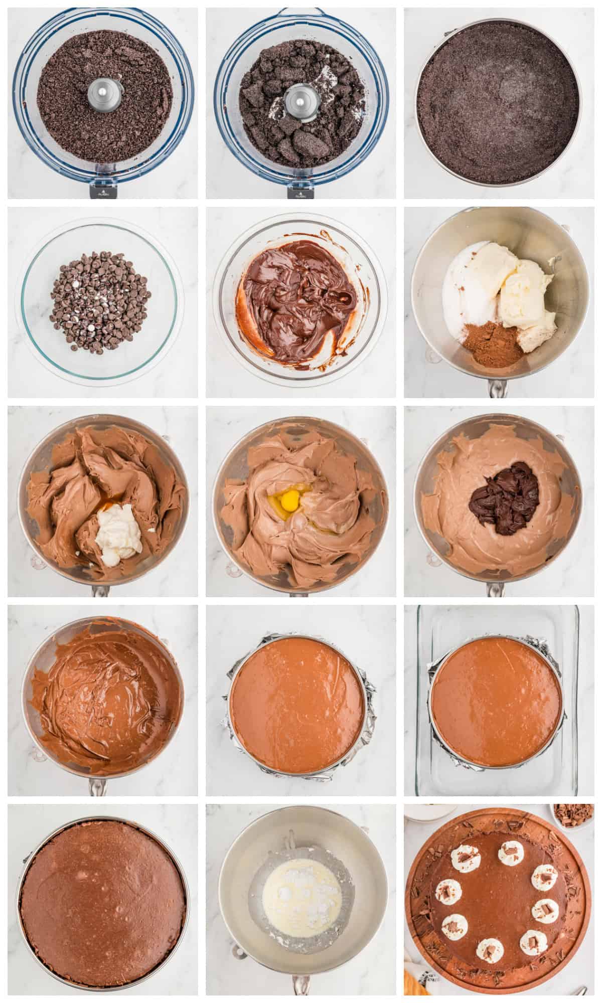 Step by step photos on how to make a Chocolate Cheesecake.