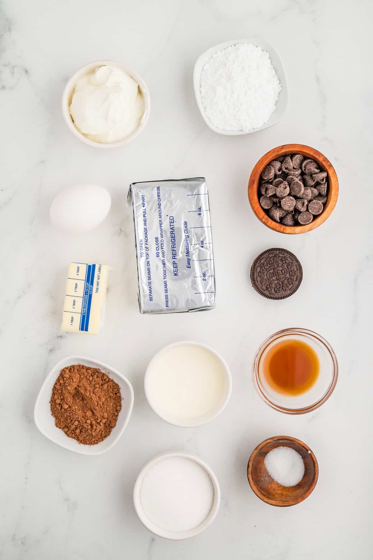 Ingredients needed to make a Chocolate Cheesecake.