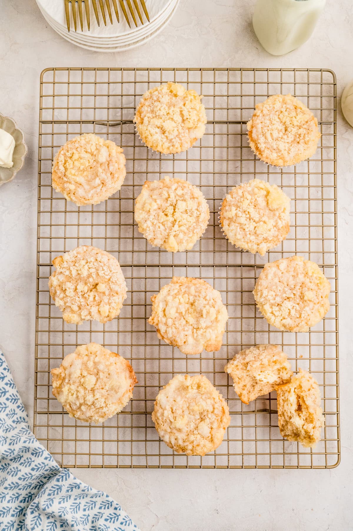 Overhead of finished muffins on a wire rack.