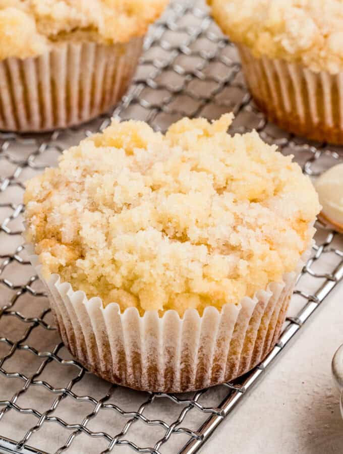 Close up square image of muffins on wire rack showing the topping.