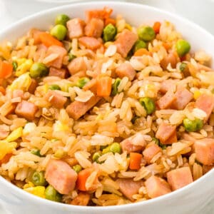 Close up square image of rice in bowl showing all the ingredients.