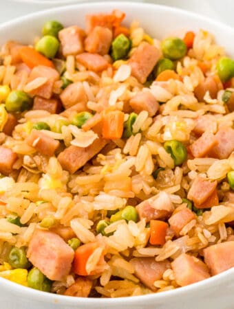 Close up square image of rice in bowl showing all the ingredients.