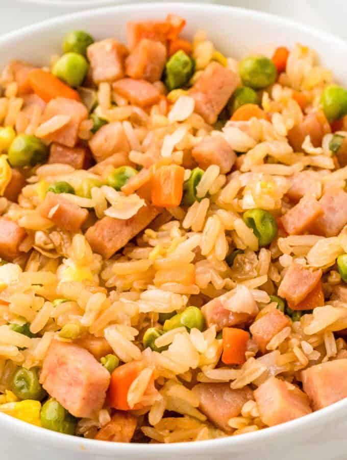 Close up square image of rice in bowl showing all the ingredients.