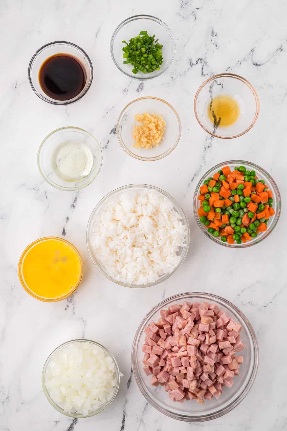 Ingredients needed to make Easy Spam Fried Rice.