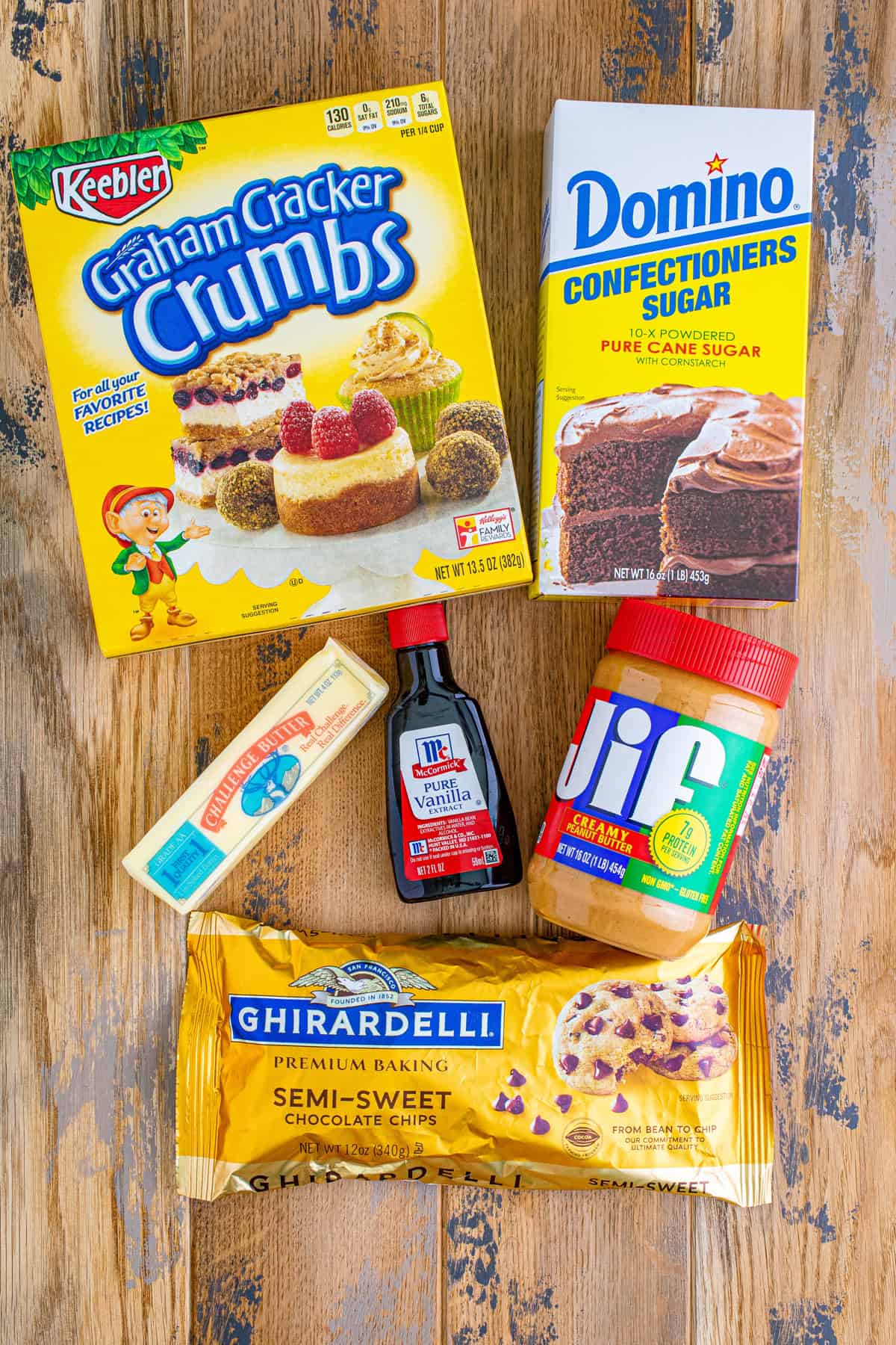 Ingredients needed to make No Bake Peanut Butter Bars.